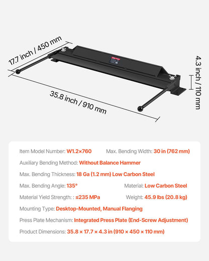 Box and Pan Brake, 762 mm Sheet Metal Bending Brake, 18-Gauge Capacity, 0-135 Degree Adjustable, Metal Bender V952-YTHWQZDQYTHWGJWT5001V0
