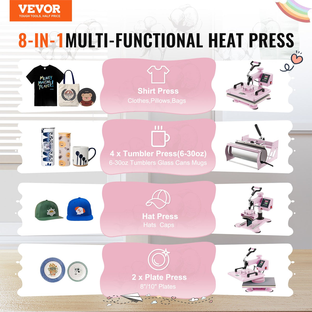 Heat Press Machine 12x15 in 8 in 1 with 30oz Tumbler Press T-Shirts Pink V952-YTS30OZ1215817JC4V3