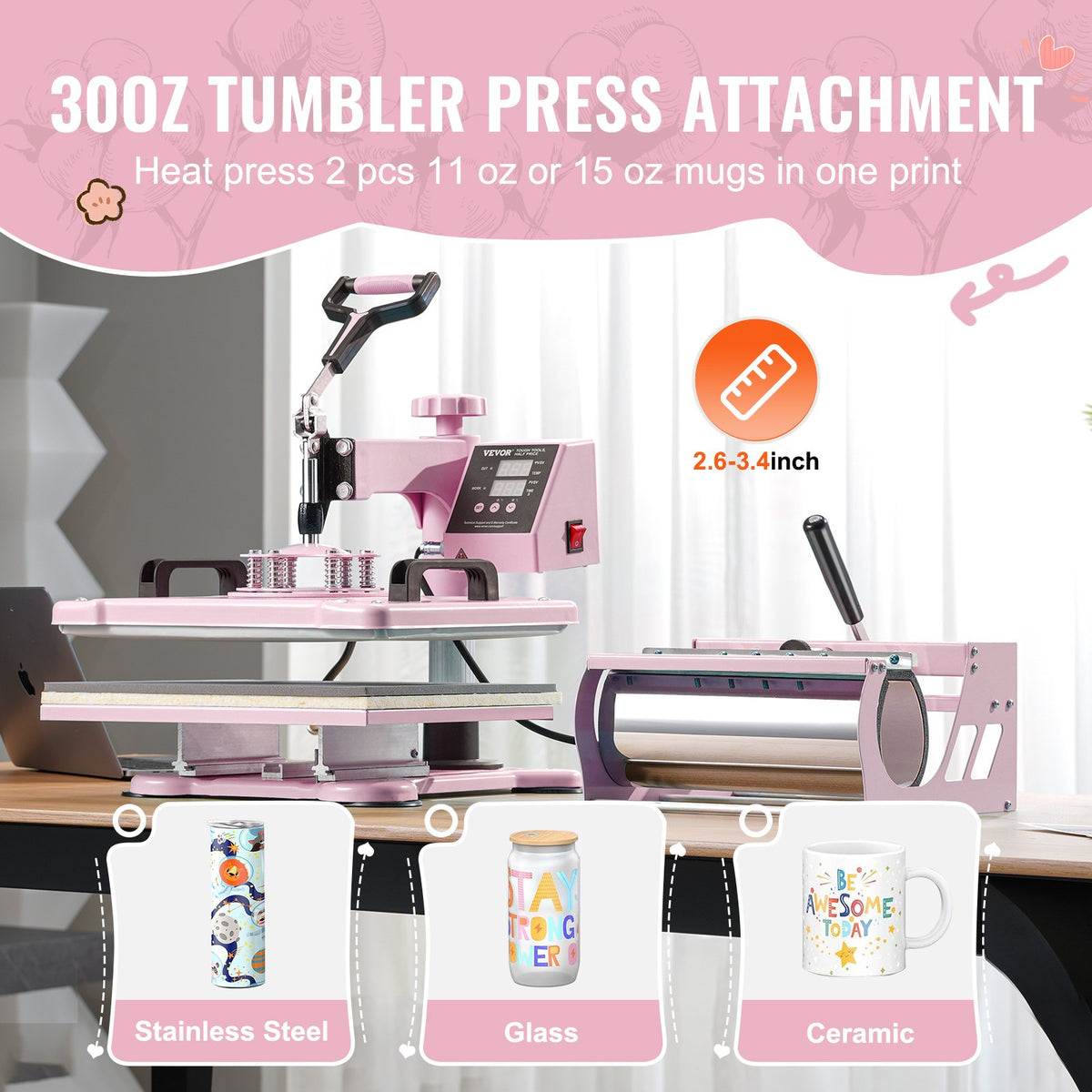 Heat Press Machine 12x15 in 8 in 1 with 30oz Tumbler Press T-Shirts Pink V952-YTS30OZ1215817JC4V3