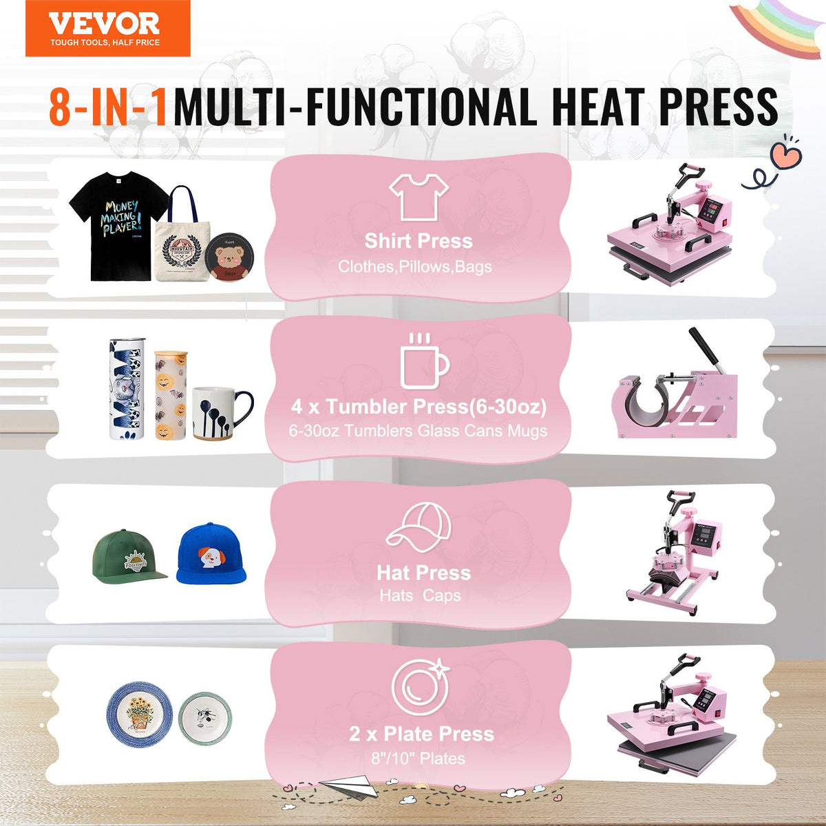 Heat Press Machine, 15 x 15 inch, 5 in 1 Heat Transfer Machine with 30 oz Tumbler Press, 360 degrees Swing V952-YTS30OZ151551FRX6V3