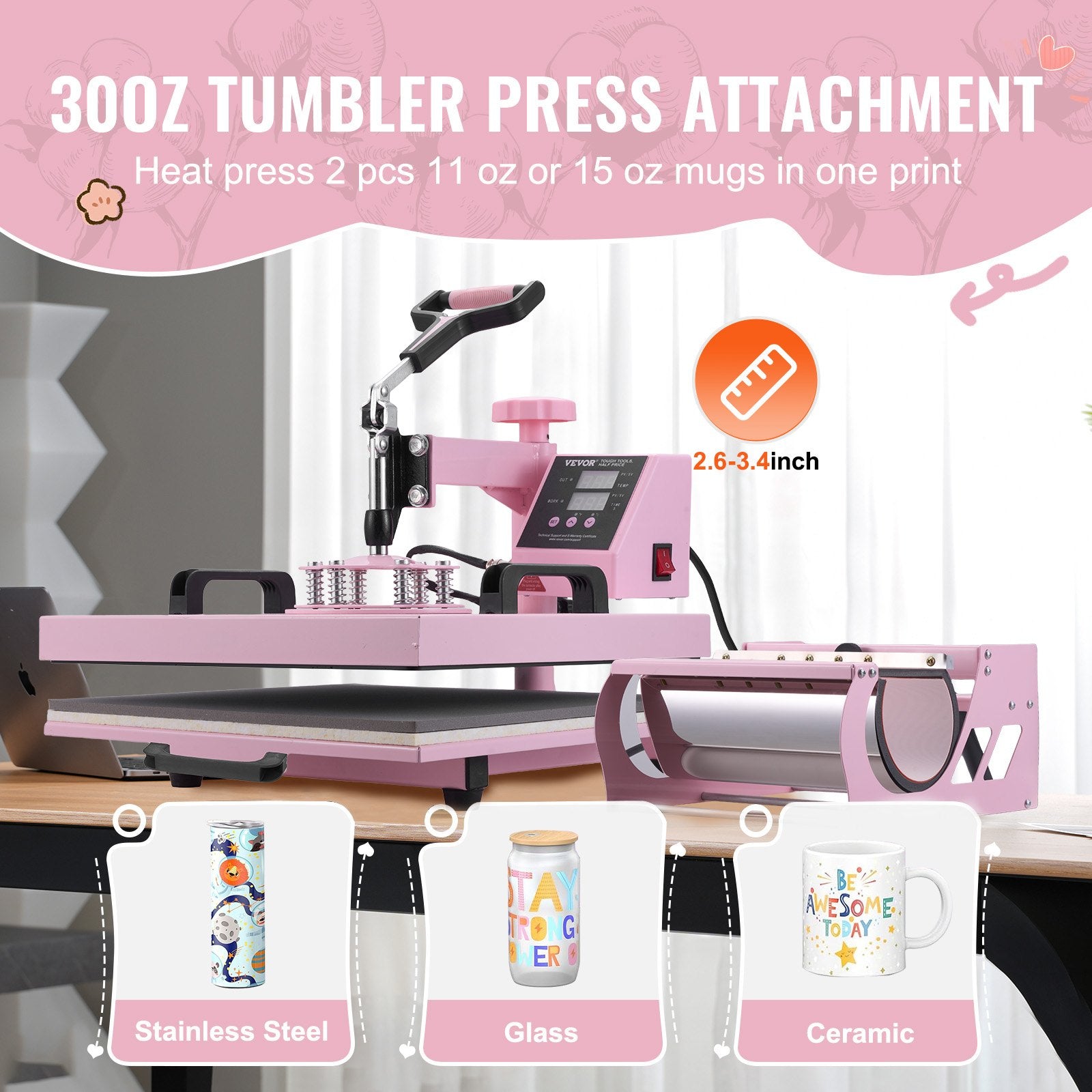 Heat Press Machine, 15 x 15 inch, 5 in 1 Heat Transfer Machine with 30 oz Tumbler Press, 360 degrees Swing V952-YTS30OZ151551FRX6V3