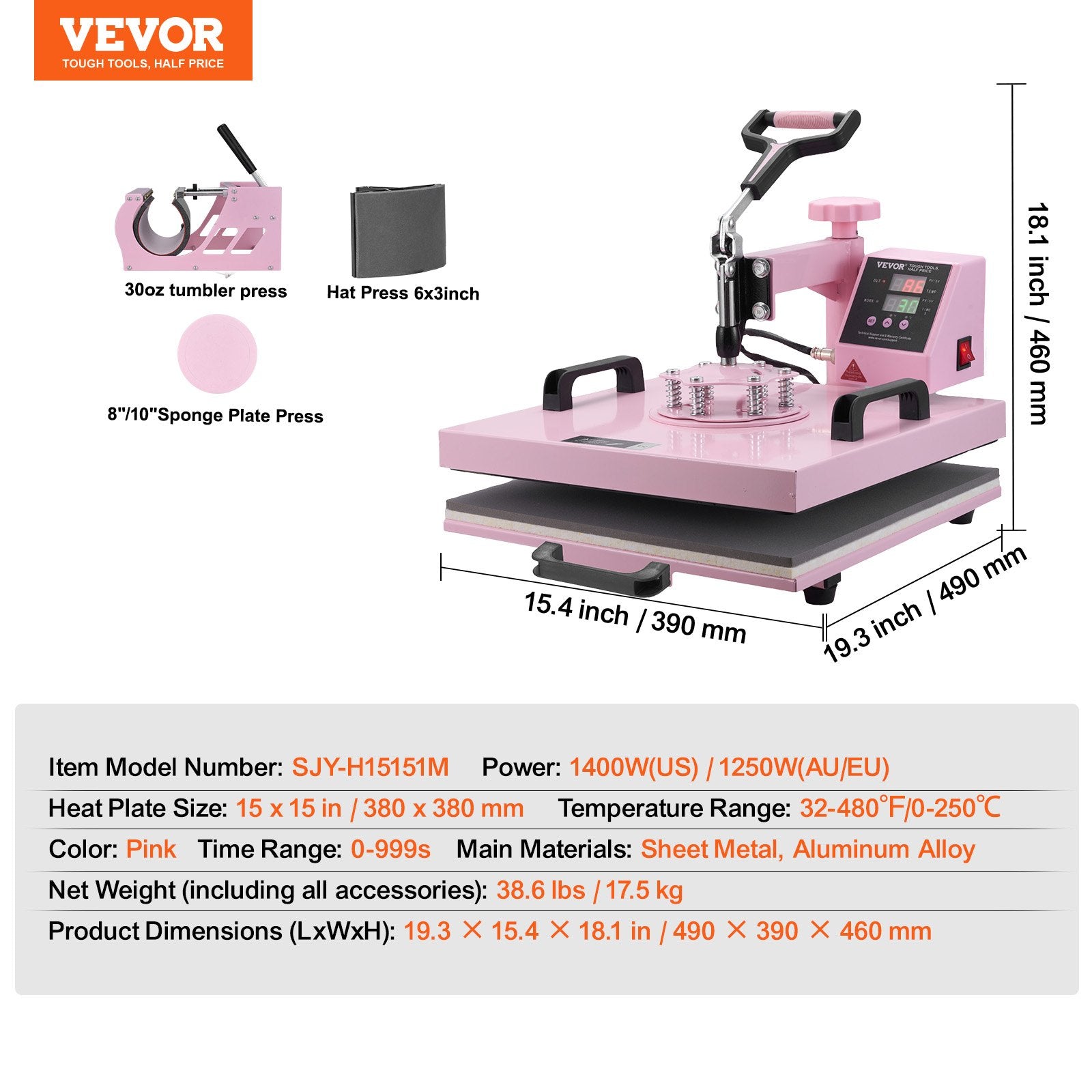 Heat Press Machine, 15 x 15 inch, 5 in 1 Heat Transfer Machine with 30 oz Tumbler Press, 360 degrees Swing V952-YTS30OZ151551FRX6V3