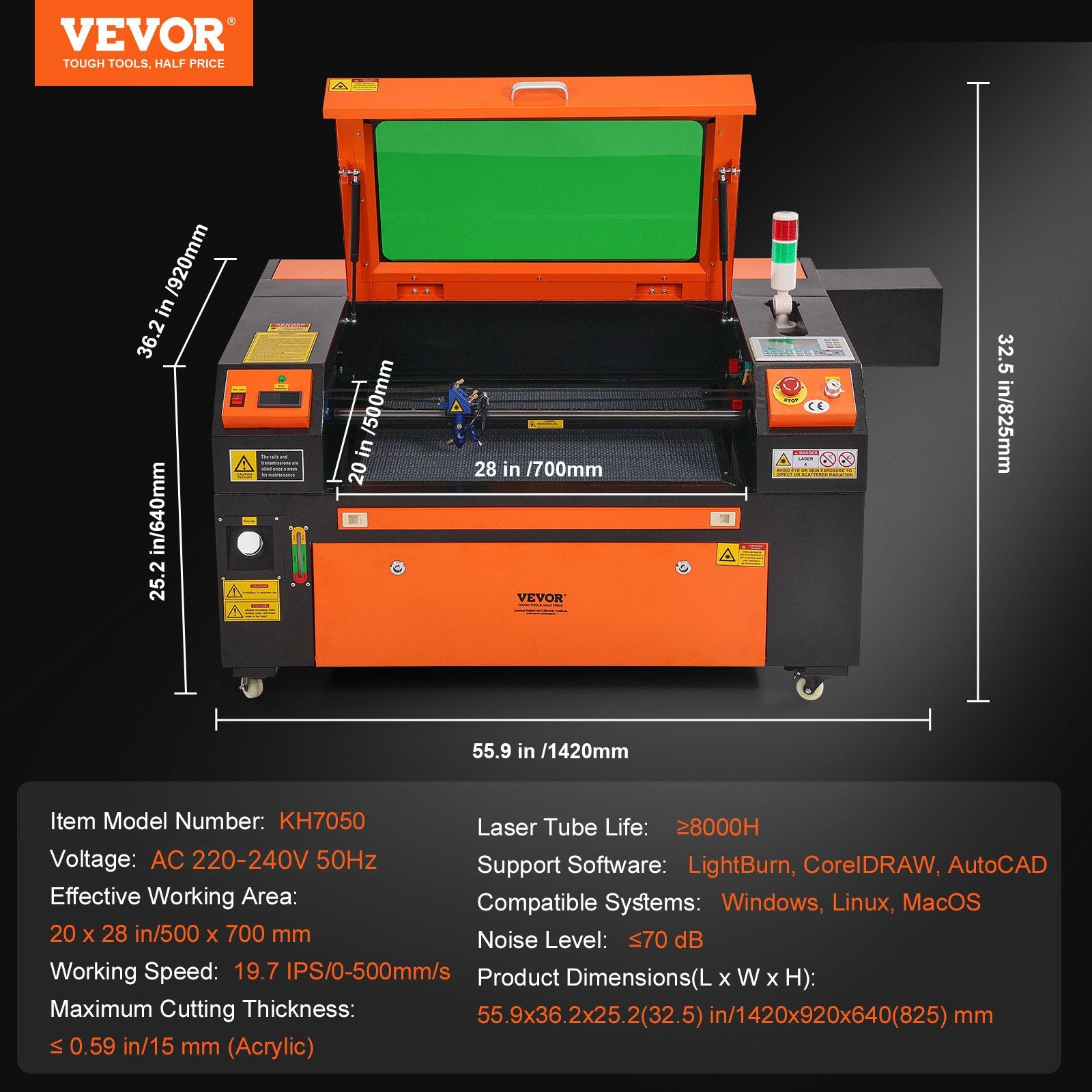 80W CO2 Laser Engraver, 500 x 700 mm, 19.7 IPS Laser Cutter Machine with 2-Way Pass Air Assist, Compatible V952-YTSDKJACCO270S9X2V3