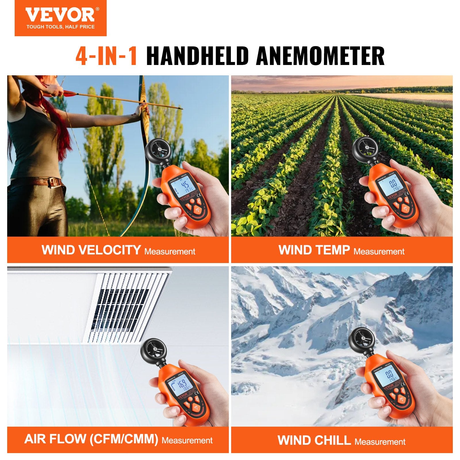 Handheld Anemometer, -10 degrees C to 45 degrees C, Digital Wind Speed Meter Gauge with LED Backlight Screen, V952-YTSFSJ6ZFSBX67P00V9