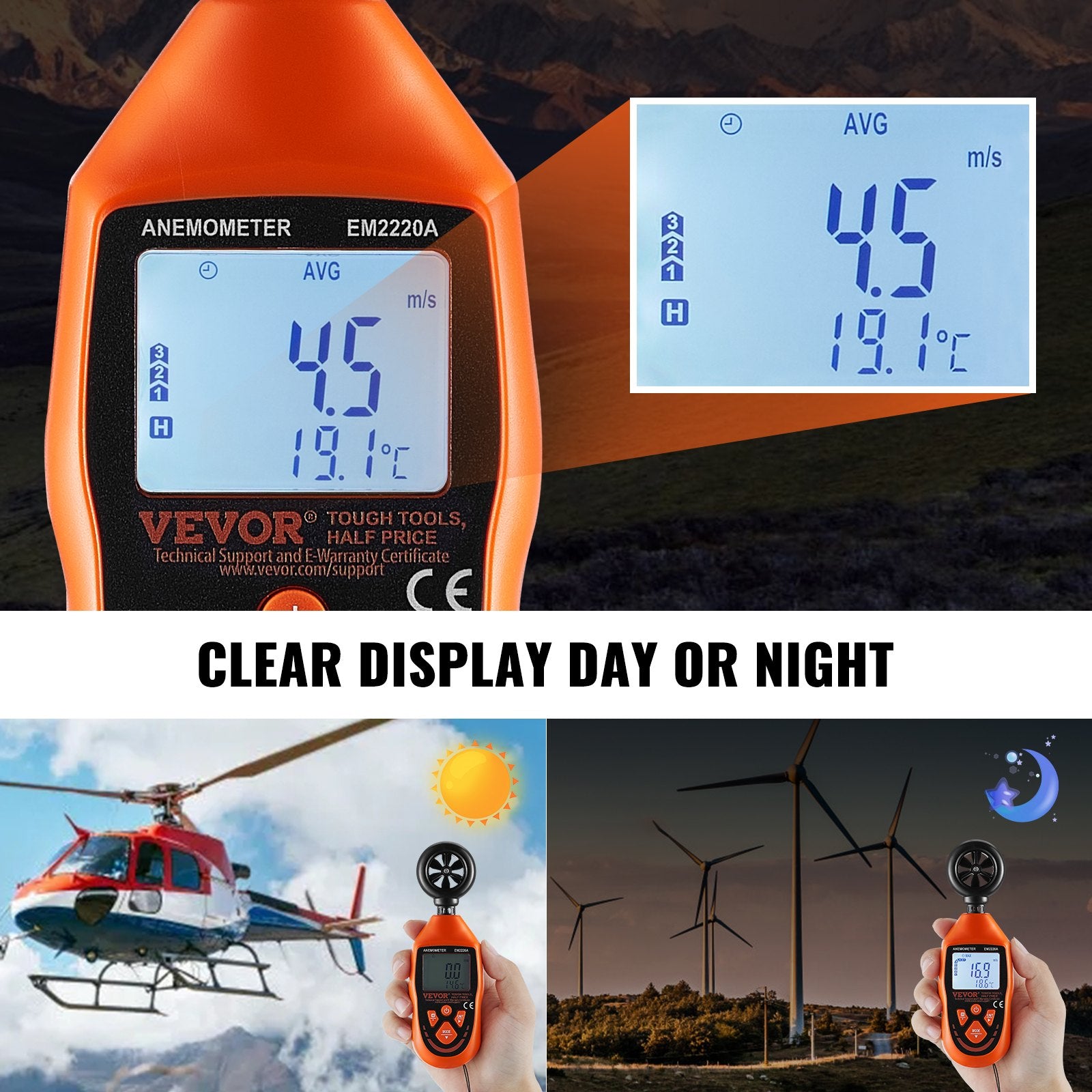 Handheld Anemometer, -10 degrees C to 45 degrees C, Digital Wind Speed Meter Gauge with LED Backlight Screen, V952-YTSFSJ6ZFSBX67P00V9