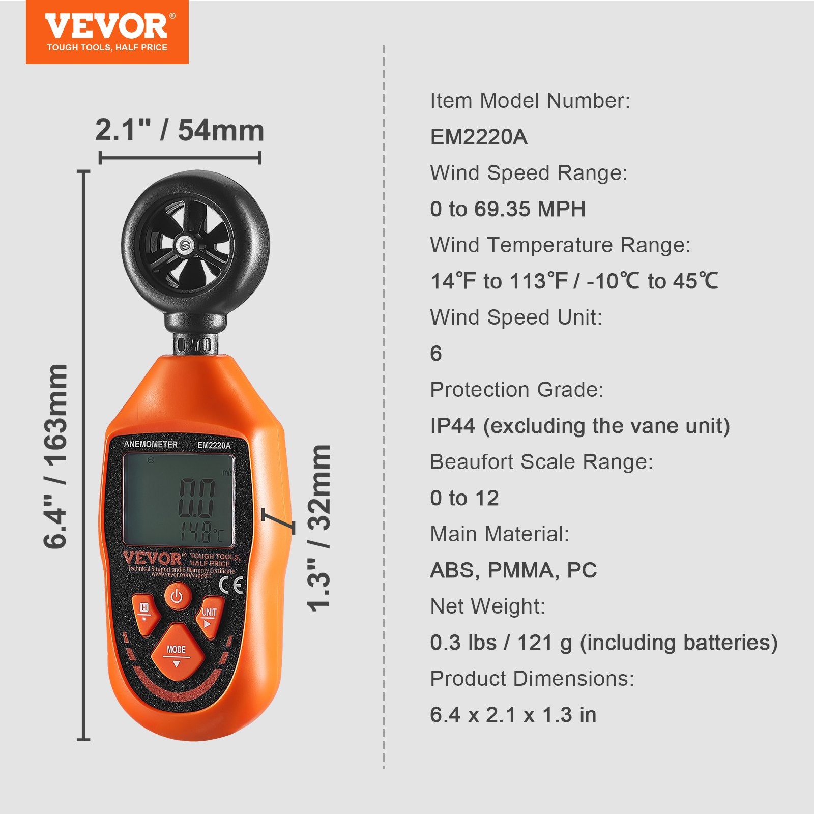 Handheld Anemometer, -10 degrees C to 45 degrees C, Digital Wind Speed Meter Gauge with LED Backlight Screen, V952-YTSFSJ6ZFSBX67P00V9