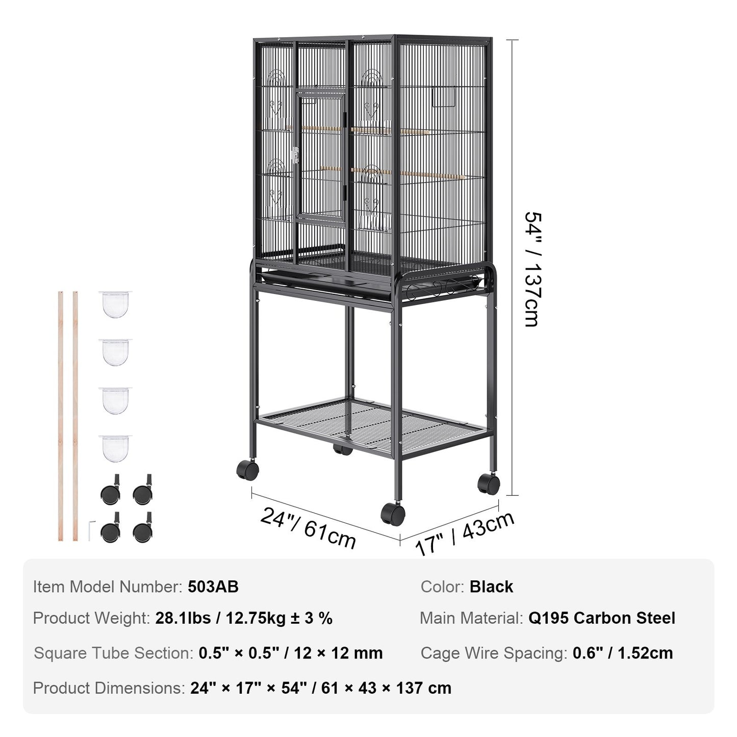 54 inch Standing Large Bird Cage, Carbon Steel Flight Bird Cage for Parakeets, Cockatiels, Parrots, Macaw V952-YTSNL251753I8188WV0