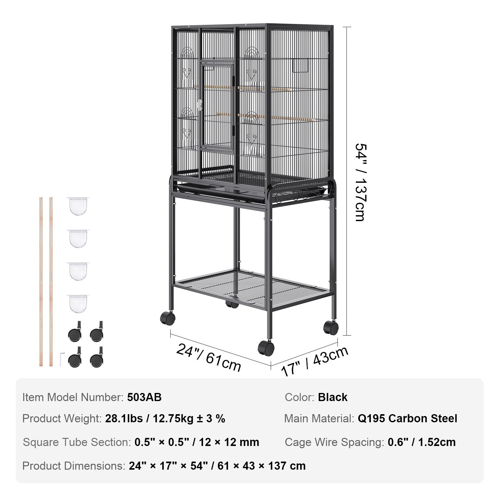 54 inch Standing Large Bird Cage, Carbon Steel Flight Bird Cage for Parakeets, Cockatiels, Parrots, Macaw V952-YTSNL251753I8188WV0
