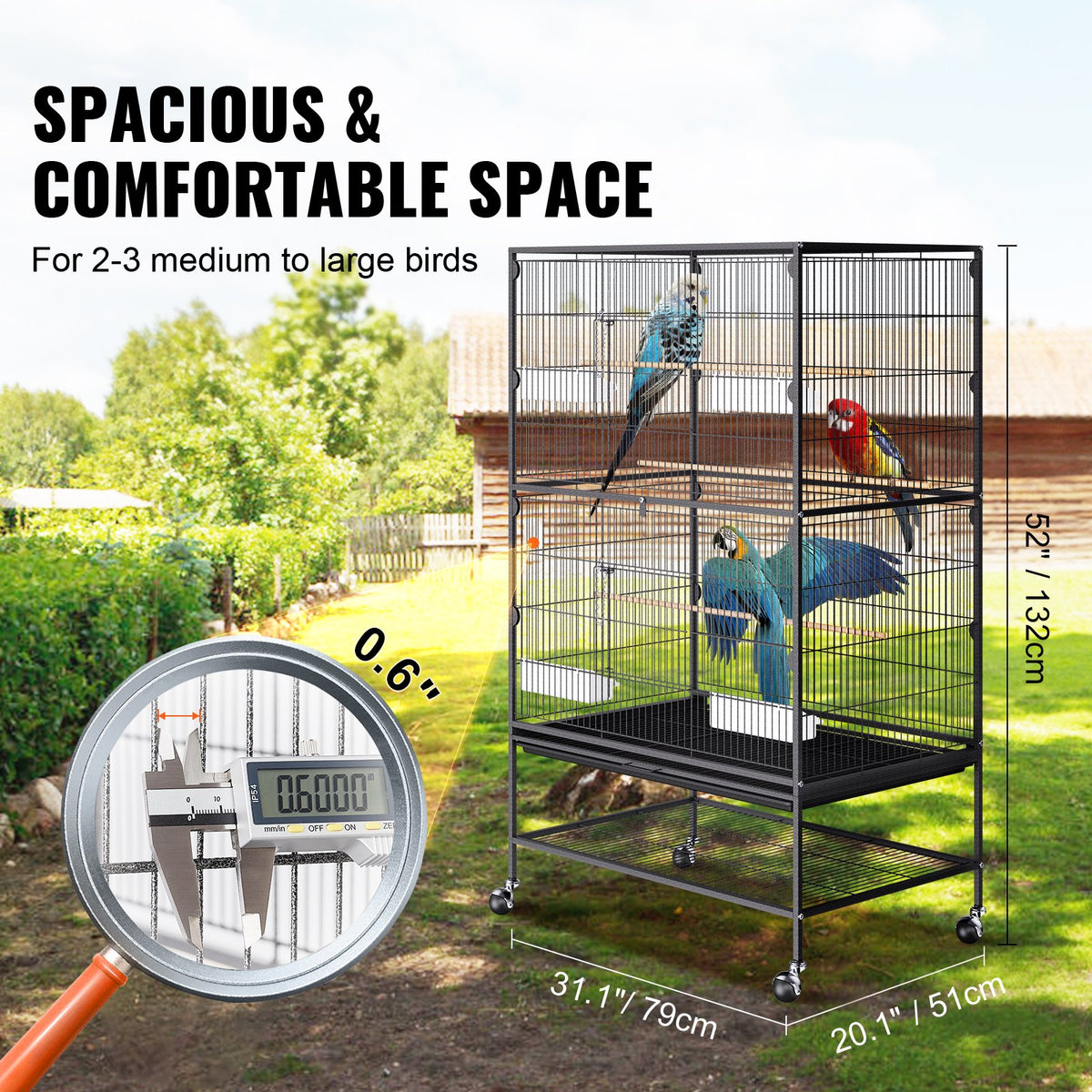 52 inch Standing Large Bird Cage, Carbon Steel Flight Bird Cage for Parakeets, Cockatiels, Parrots, Macaw V952-YTSNL312052IBWVKVV0