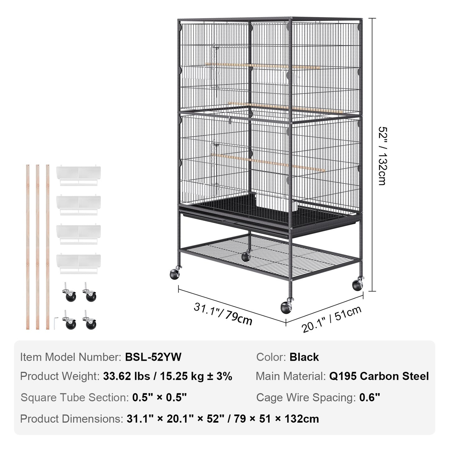 52 inch Standing Large Bird Cage, Carbon Steel Flight Bird Cage for Parakeets, Cockatiels, Parrots, Macaw V952-YTSNL312052IBWVKVV0