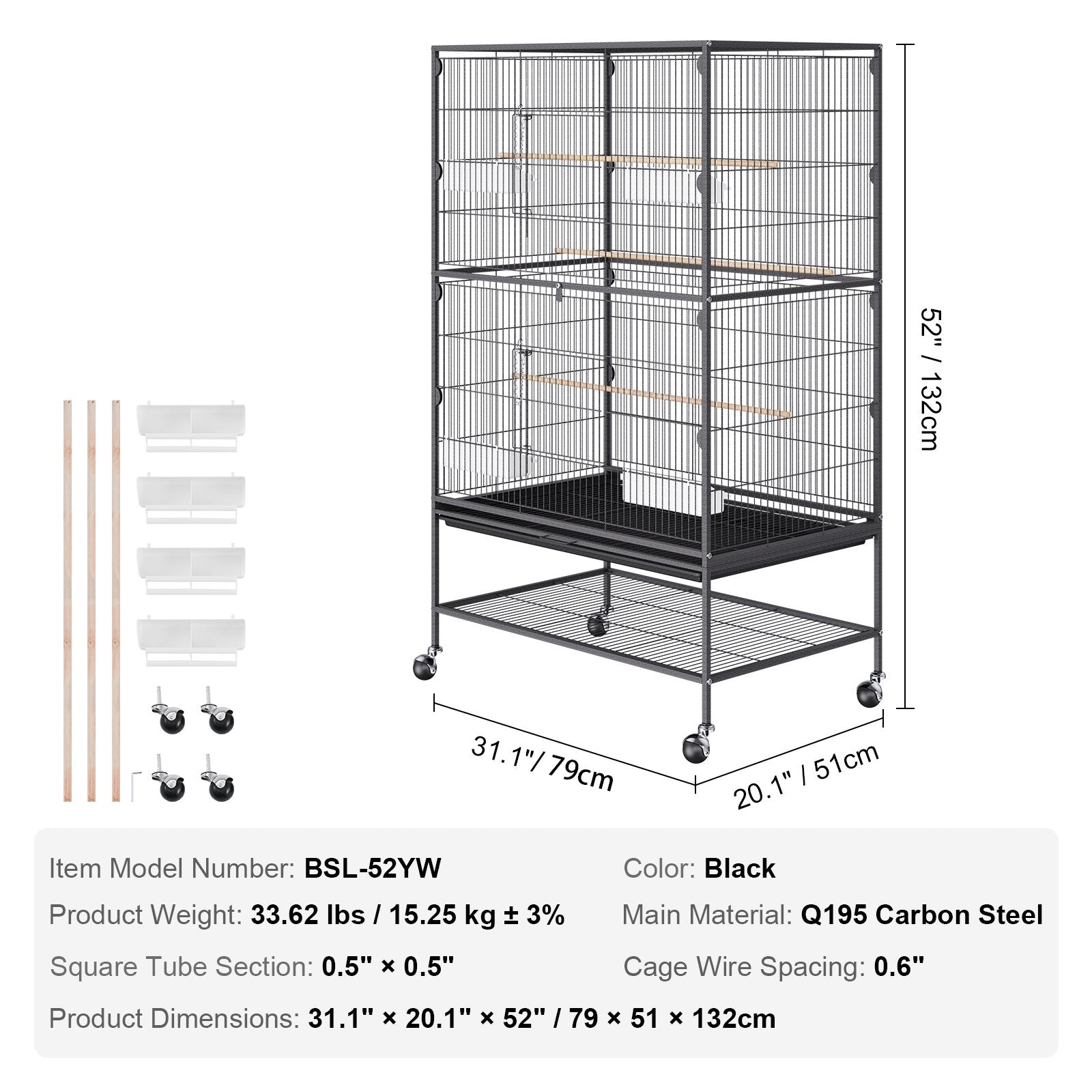 52 inch Standing Large Bird Cage, Carbon Steel Flight Bird Cage for Parakeets, Cockatiels, Parrots, Macaw V952-YTSNL312052IBWVKVV0