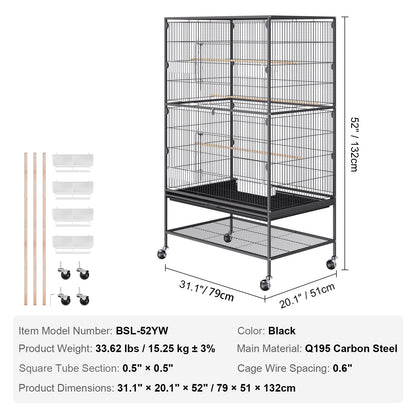 52 inch Standing Large Bird Cage, Carbon Steel Flight Bird Cage for Parakeets, Cockatiels, Parrots, Macaw V952-YTSNL312052IBWVKVV0
