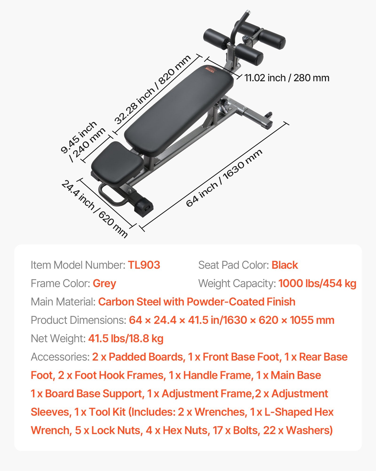 Sit Up Bench, Decline Ab Bench with Reverse Crunch Handle, with 4 Adjustable Height Settings, Heavy Duty V952-YWZBDK000000MLS8E001V0
