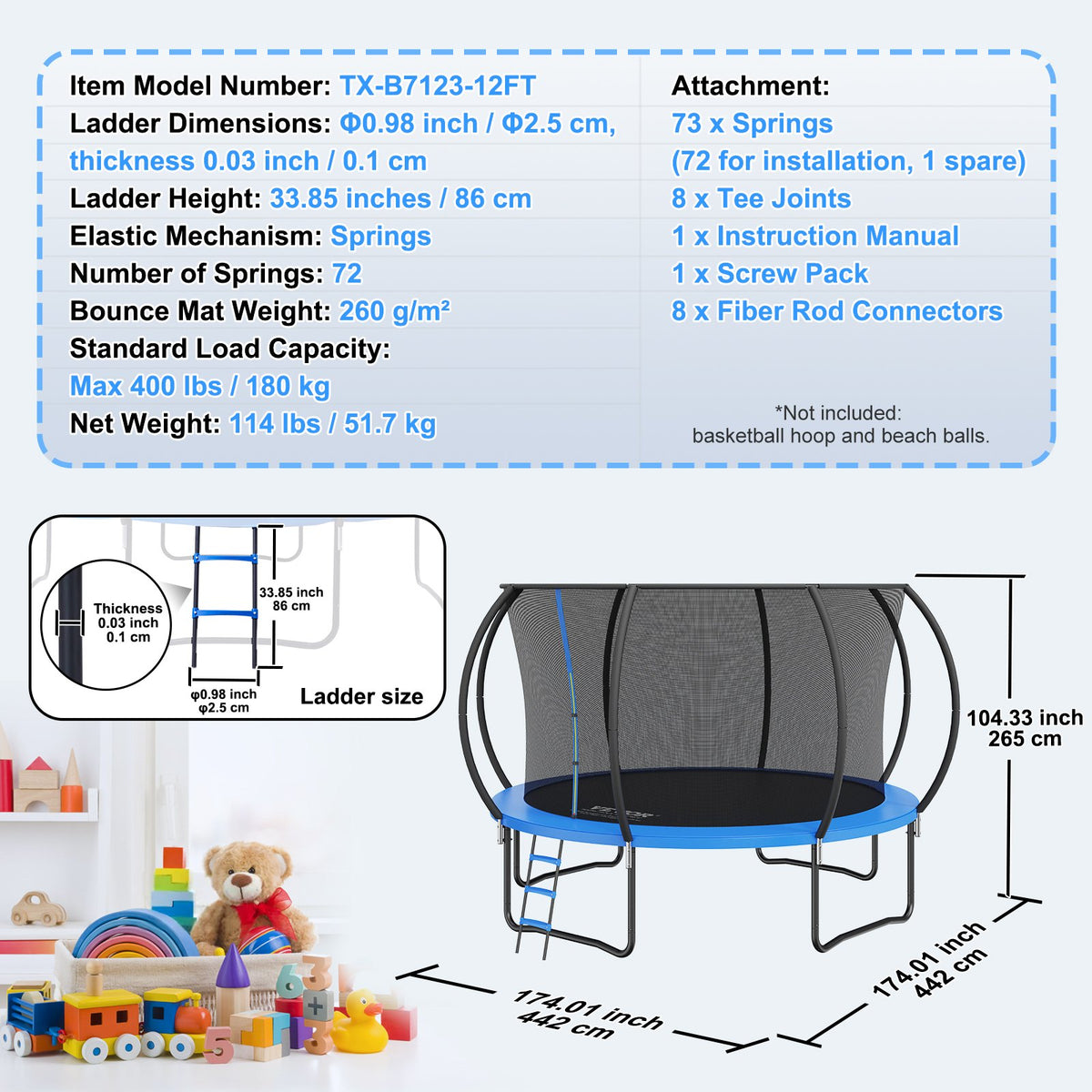 3.66m Trampoline, 181 kg Trampoline with Enclosure Net, Ladder, and Curved Pole, Heavy Duty Trampoline with V952-YXBC12YCHWYX9F0WRV0