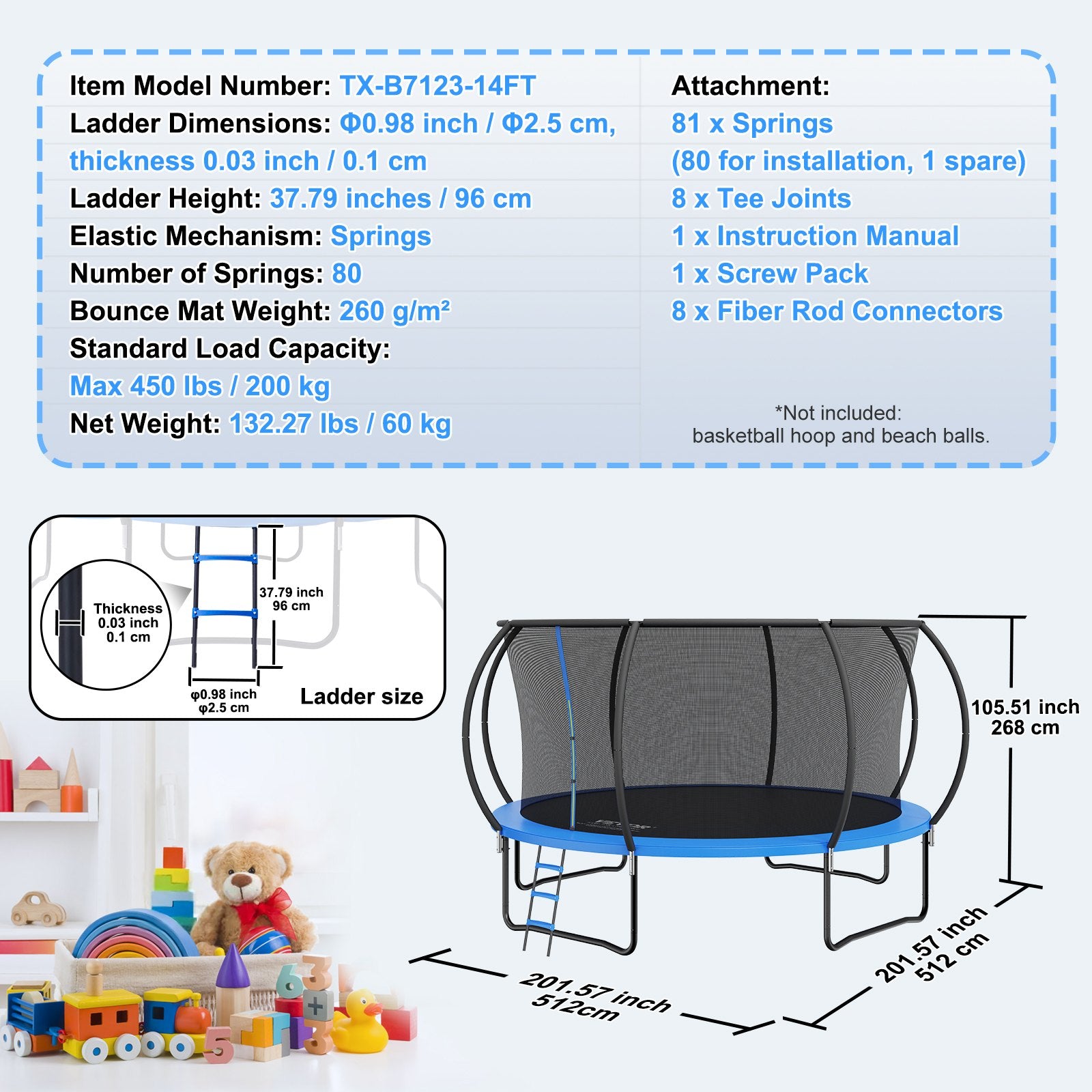14FT Trampoline, 450 lbs Trampoline with Enclosure Net, Ladder, and Curved Pole, Heavy Duty Trampoline with V952-YXBC14YCHWYXD8MMPV0