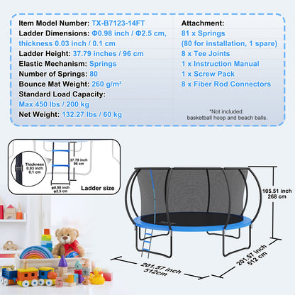14FT Trampoline, 450 lbs Trampoline with Enclosure Net, Ladder, and Curved Pole, Heavy Duty Trampoline with V952-YXBC14YCHWYXD8MMPV0