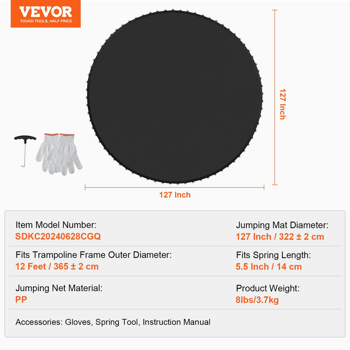 Replacement Trampoline Mat Fits 12ft Frame 72 V-Rings 5.5" Spring Length V952-YXBCTD12YC72R0QTWV0