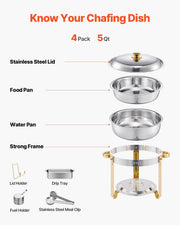 Chafing Dish Buffet Set, 5 Qt 4 Pack, Stainless Steel Chafer with 4 Full Size Pans, Round Catering Warmer V952-YXBXGSTGK4JT0HGMLV0