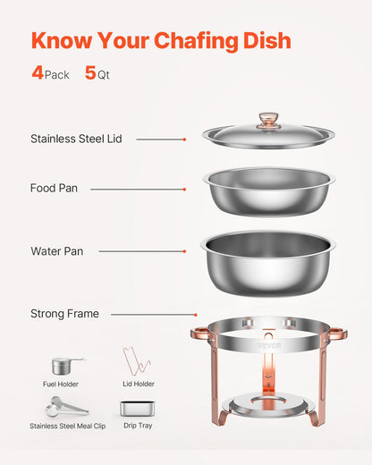 Chafing Dish Buffet Set, 5 Qt 4 Pack, Stainless Steel Chafer with 4 Full Size Pans, Round Catering Warmer V952-YXBXGSTGK4JTIXCAPV0