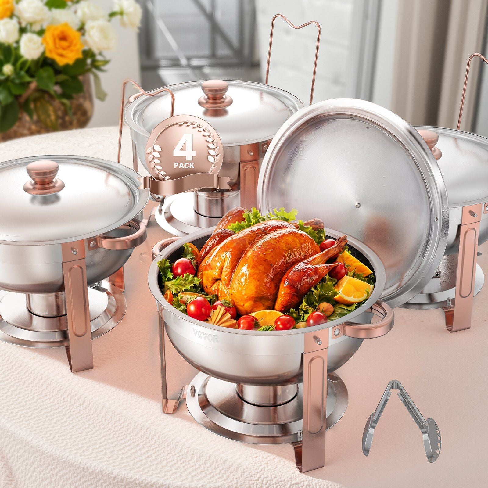 Chafing Dish Buffet Set, 5 Qt 4 Pack, Stainless Steel Chafer with 4 Full Size Pans, Round Catering Warmer V952-YXBXGSTGK4JTIXCAPV0