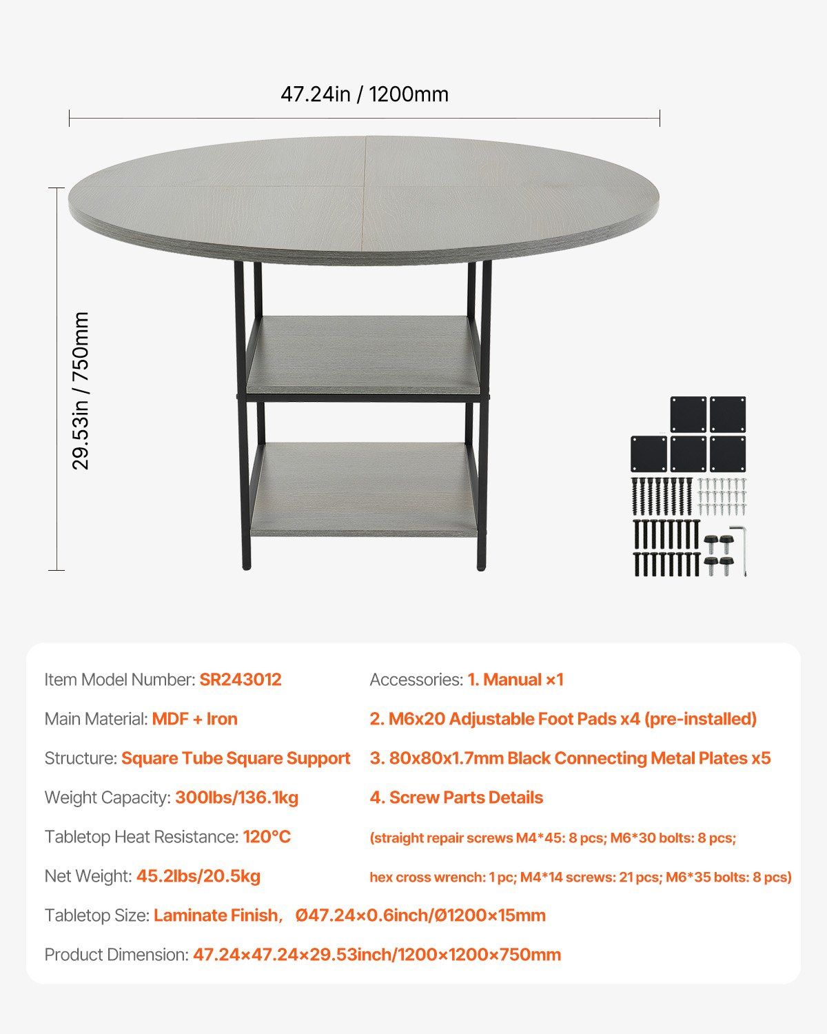 Round Dining Table, 47 inch Wood Table for 4-6 Person, Modern Circle Dinner Furniture, Leisure Tables with V952-YXCZBKTZMDBTZN3HRV0