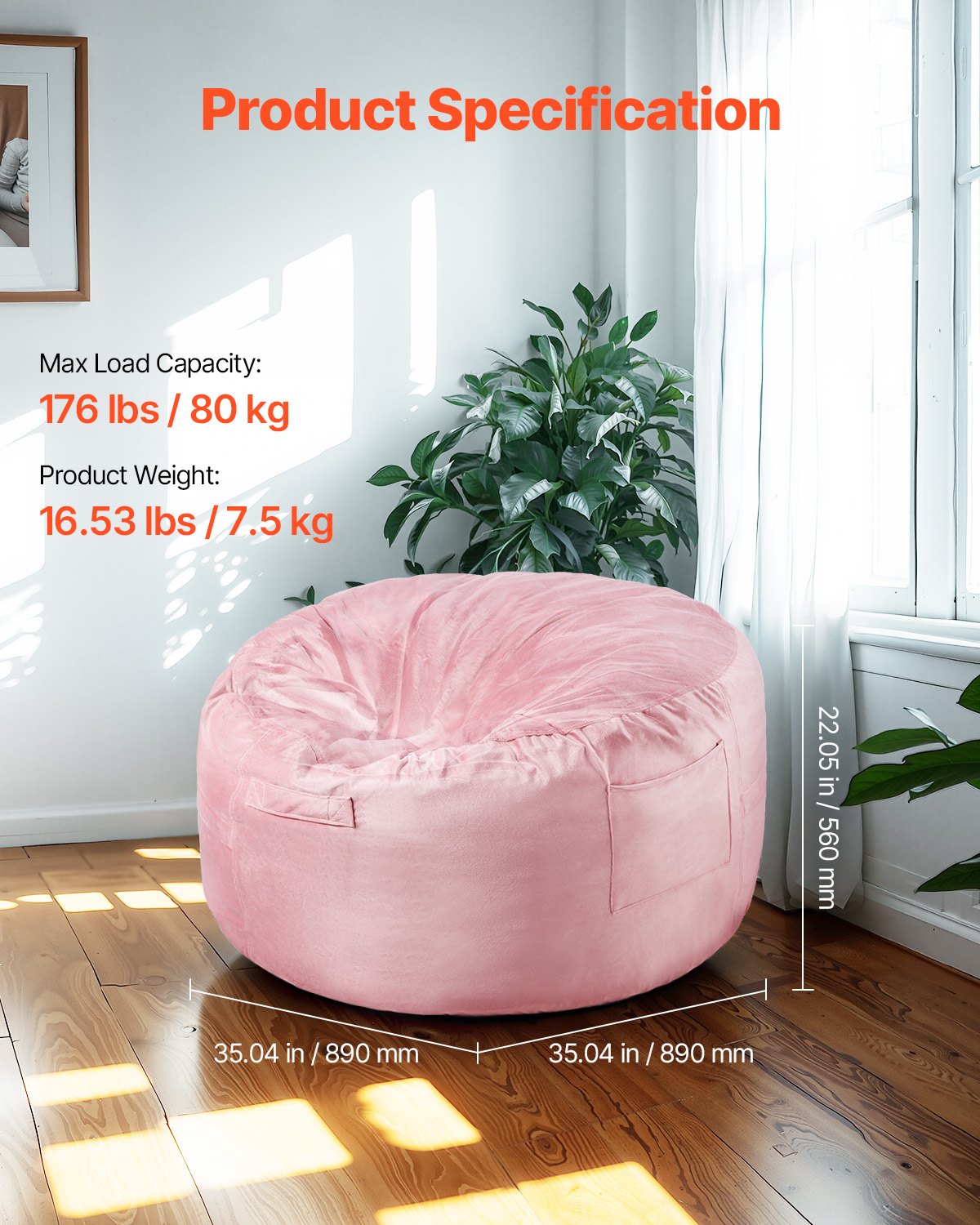 91 cm Round Bean Bag Chair with Removable Cover & Dutch Velvet Pink V952-YXDDY3539INCTJHGXV0
