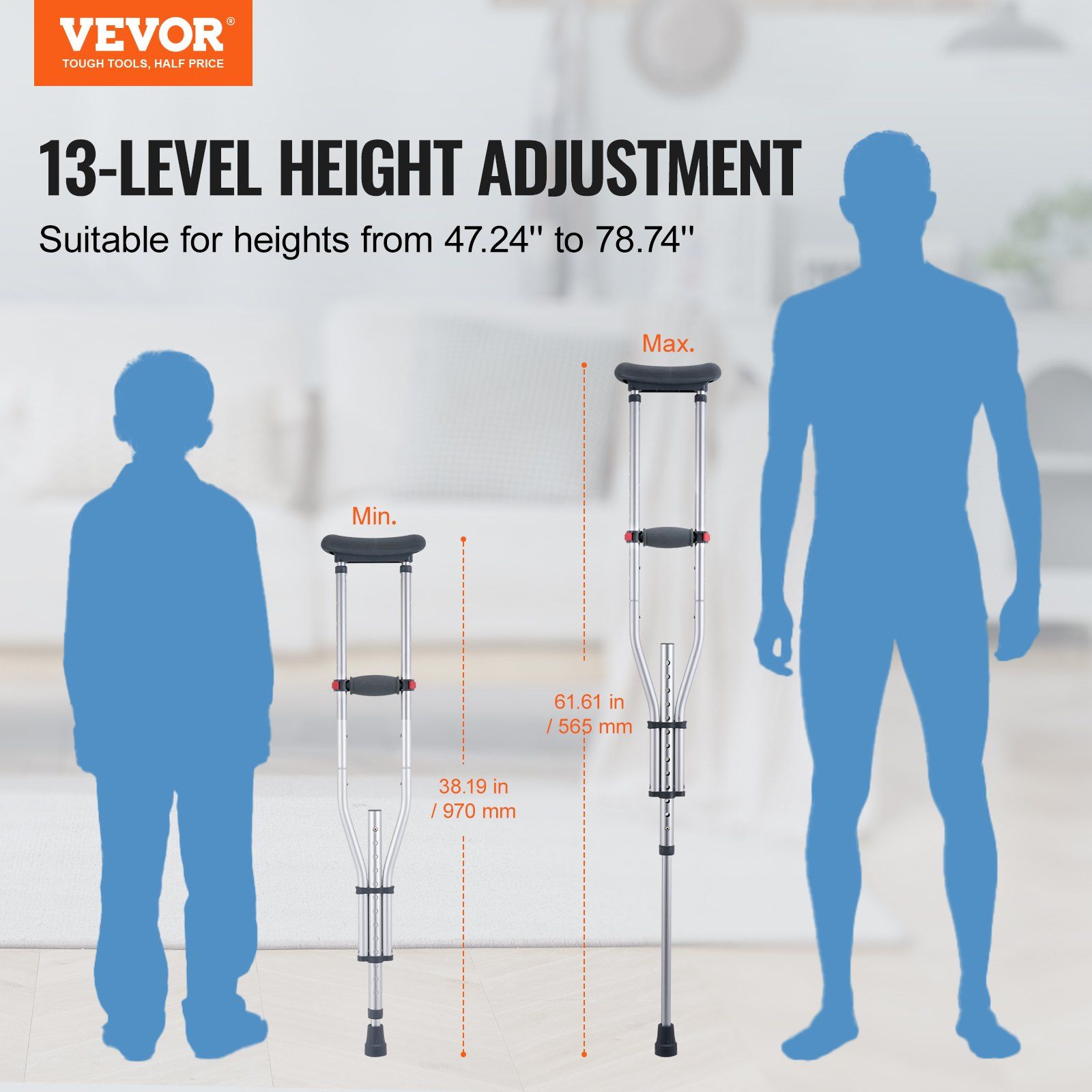 Underarm Crutches, 13-Level Height Adjustable Underarm Walking Crutches, Lightweight Aluminum Crutches for V952-YXGZLTPR1202HQF5RV0