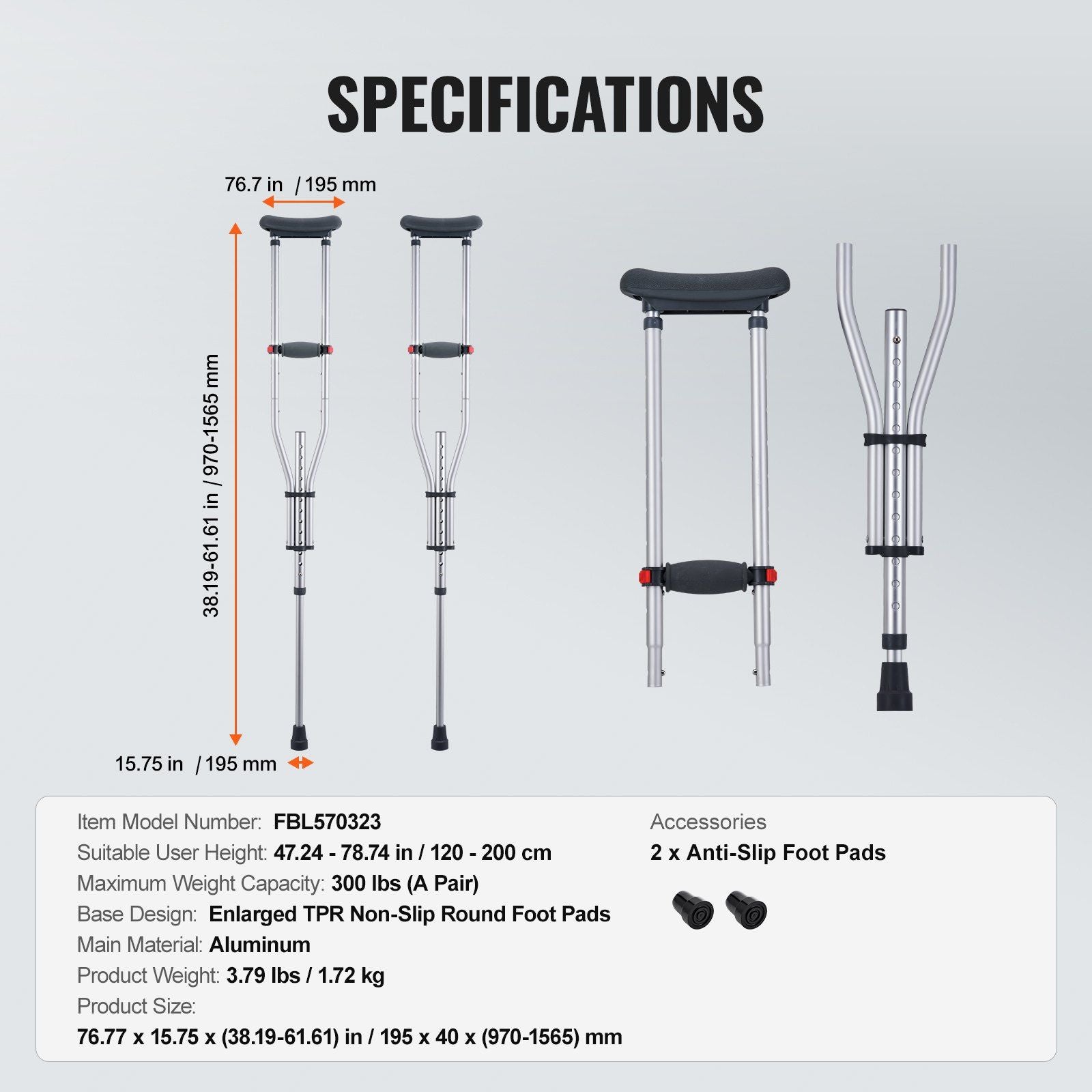 Underarm Crutches, 13-Level Height Adjustable Underarm Walking Crutches, Lightweight Aluminum Crutches for V952-YXGZLTPR1202HQF5RV0