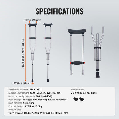 Underarm Crutches, 13-Level Height Adjustable Underarm Walking Crutches, Lightweight Aluminum Crutches for V952-YXGZLTPR1202HQF5RV0