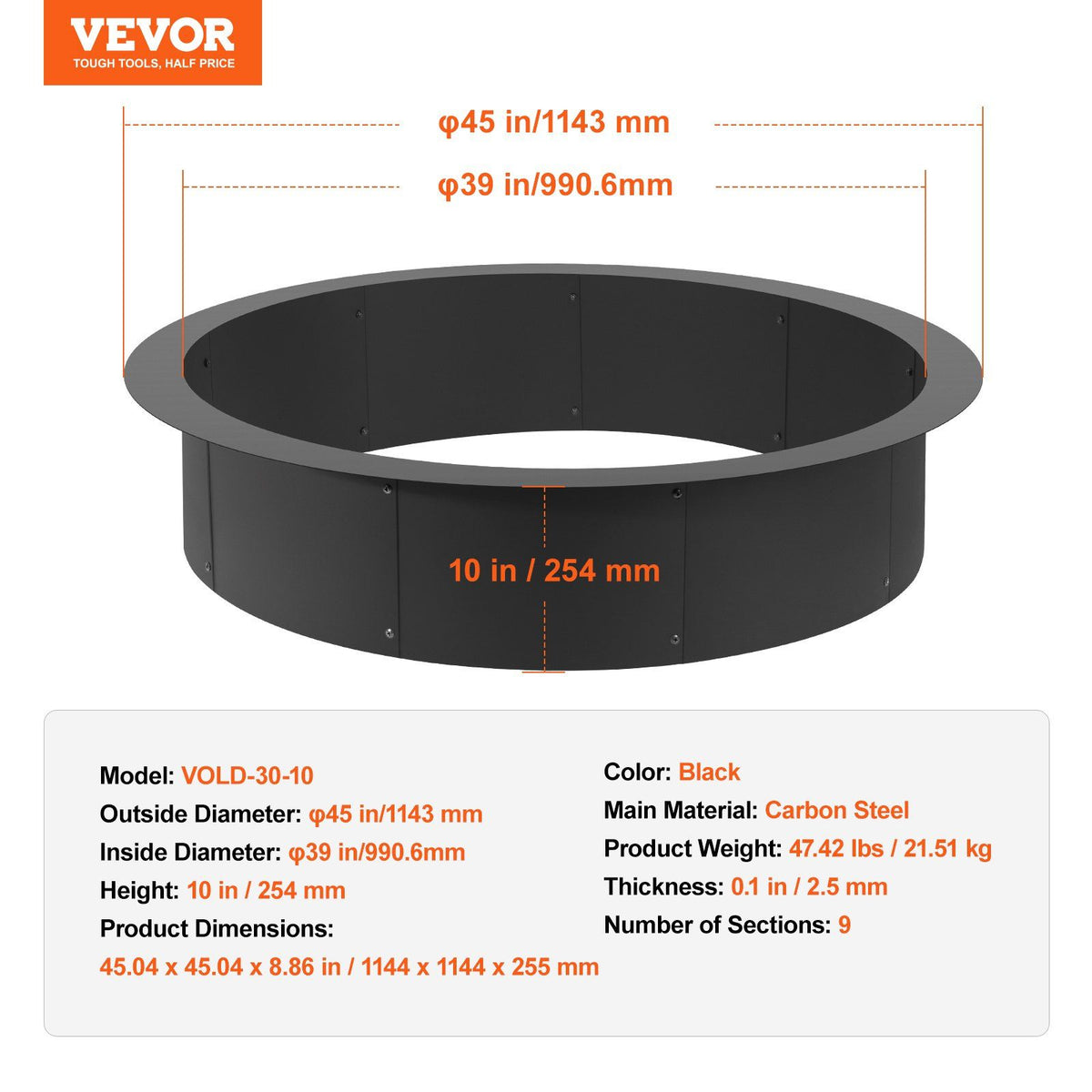 Fire Pit Ring, 44-Inch Outer/39-Inch Inner Diameter, 10inch Height 2.5mm Thick Fire Pit Insert, Heavy Duty V952-YXHH25MM39INTCYI8V0