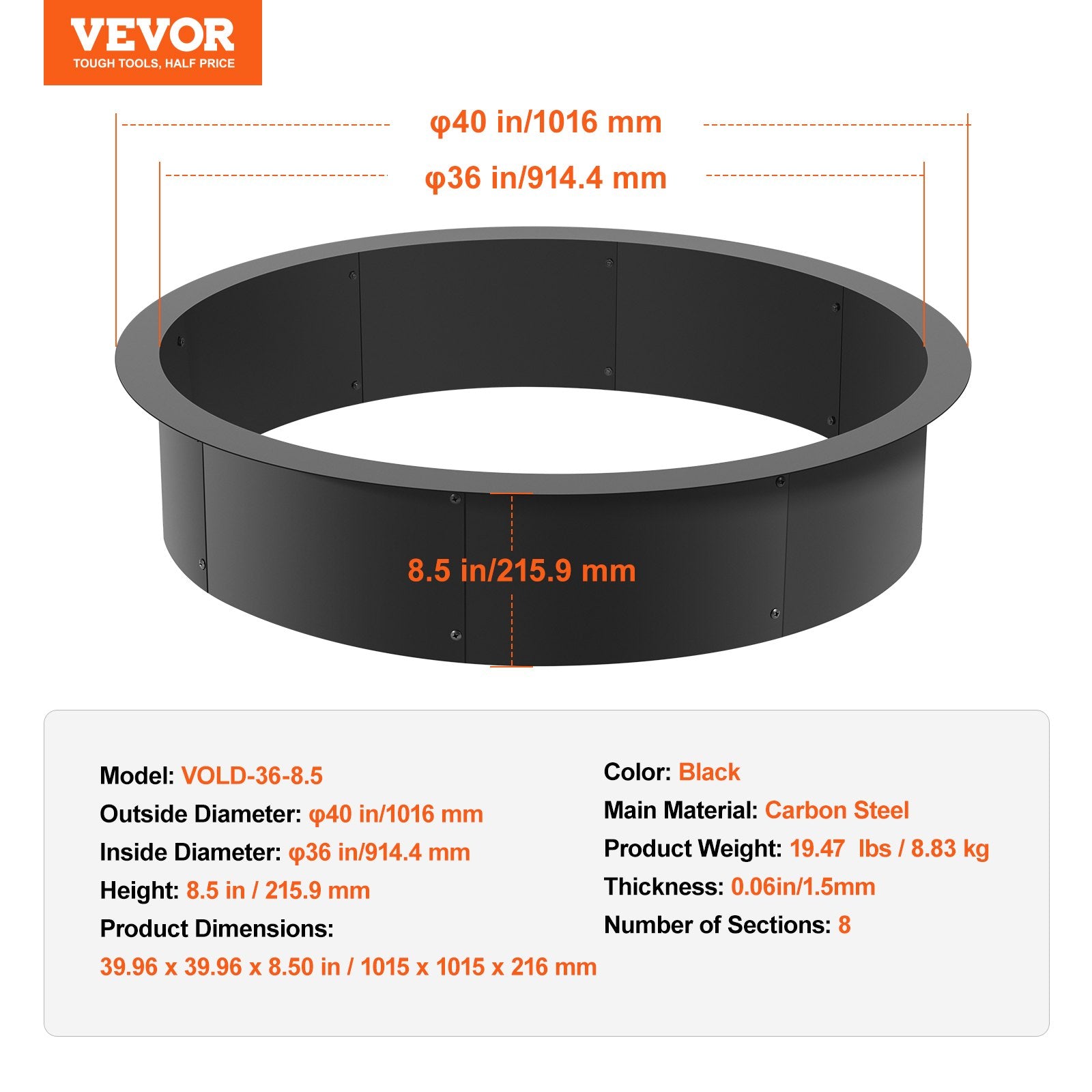 Fire Pit Ring Round Inner Steel Liner DIY Campfire Firepit V952-YXHH36INCH157GUFLV0