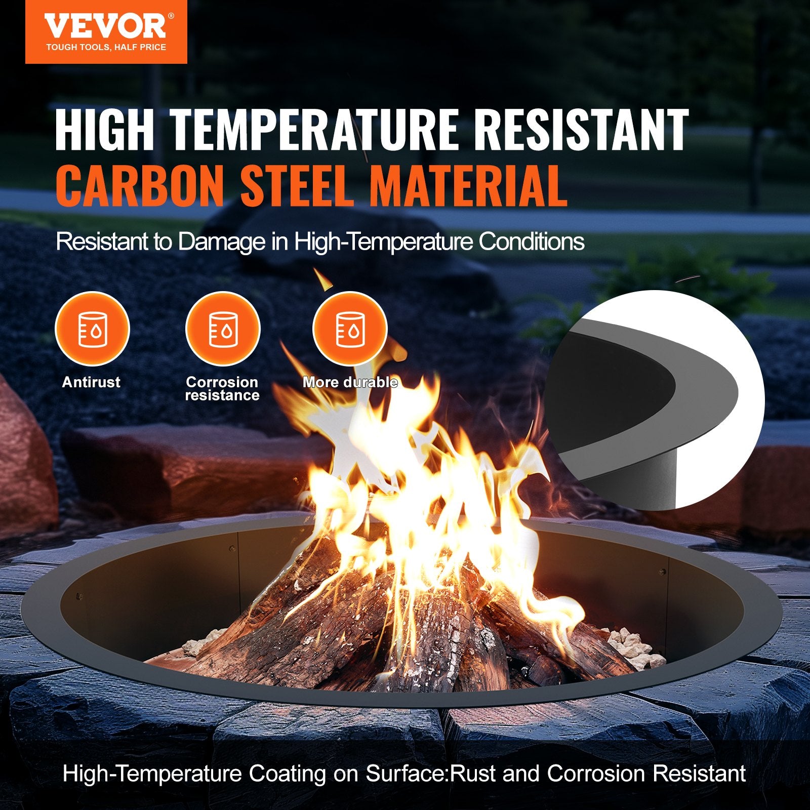 Fire Pit Ring Round 45 Inch Outer Steel Liner DIY Campfire Ring Firepit V952-YXHH39INCH15N9D45V0