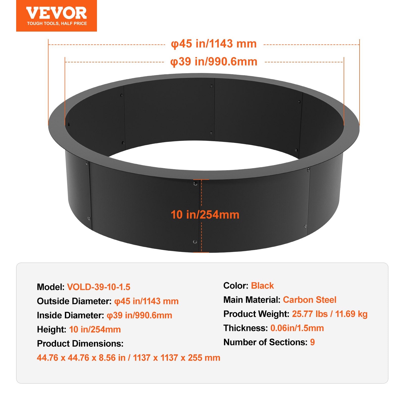 Fire Pit Ring Round 45 Inch Outer Steel Liner DIY Campfire Ring Firepit V952-YXHH39INCH15N9D45V0