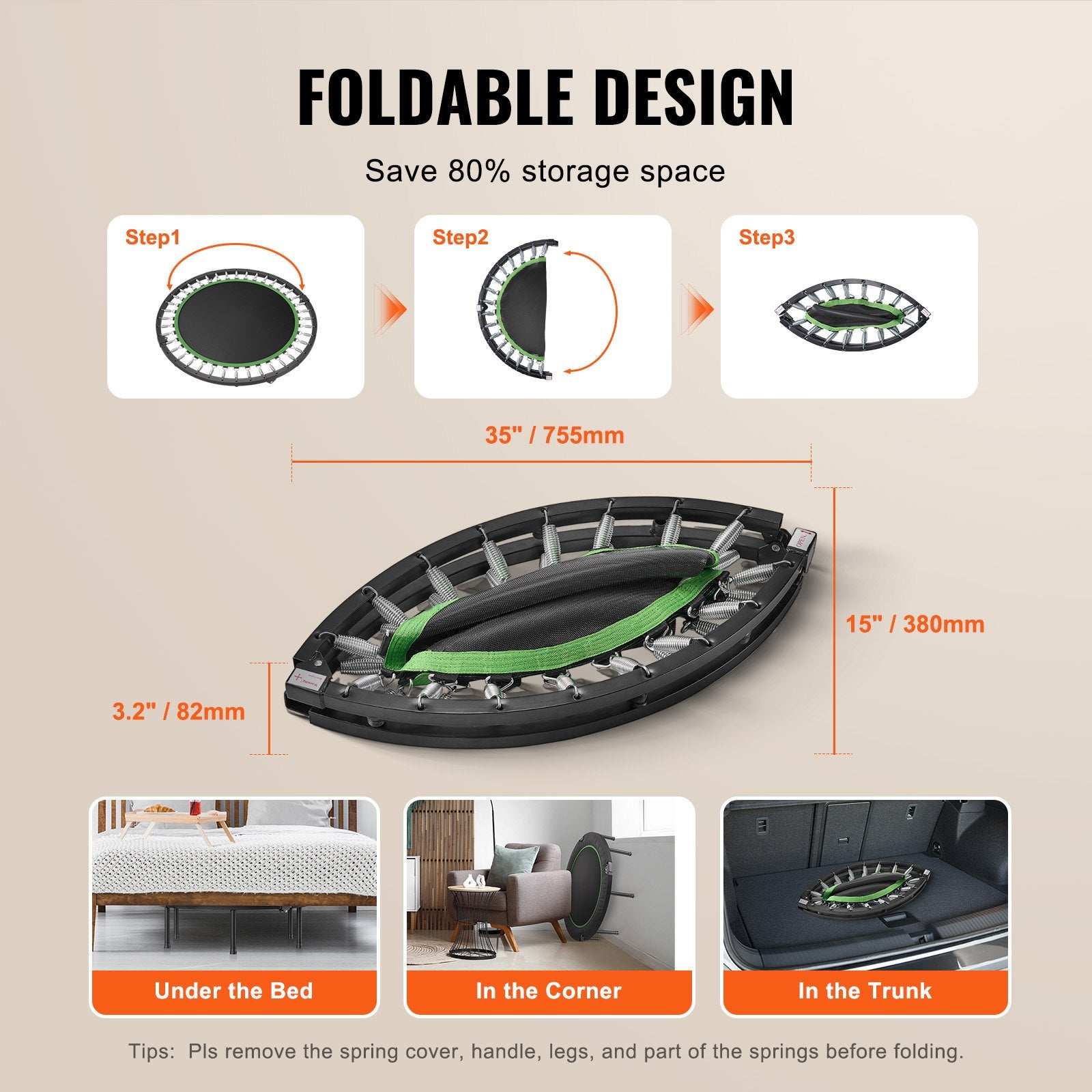 Foldable Mini Trampoline, 40 Inch Fitness Rebounder, Max Load 330lbs Exercise Trampoline, Stable & Quiet V952-YXJSBCDBSKZD98EZMV0