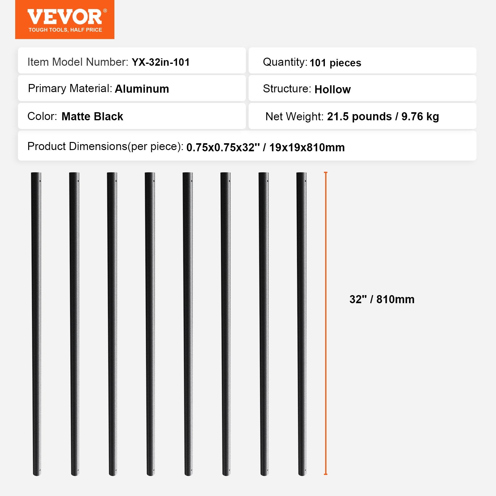 Staircase Metal Balusters, 3/4'' Round x 32'' Long Aluminum Decorative Banister Spindles, 101 Pack Deck V952-YXKLGZ32YC10P31SIV0
