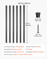 Staircase Balusters 101 Pack, 32 In Aluminum Stair Balusters, 3/4 In Water-Proof Round Metal Spindle Railing, V952-YXKLGZL101G3XT56SV0