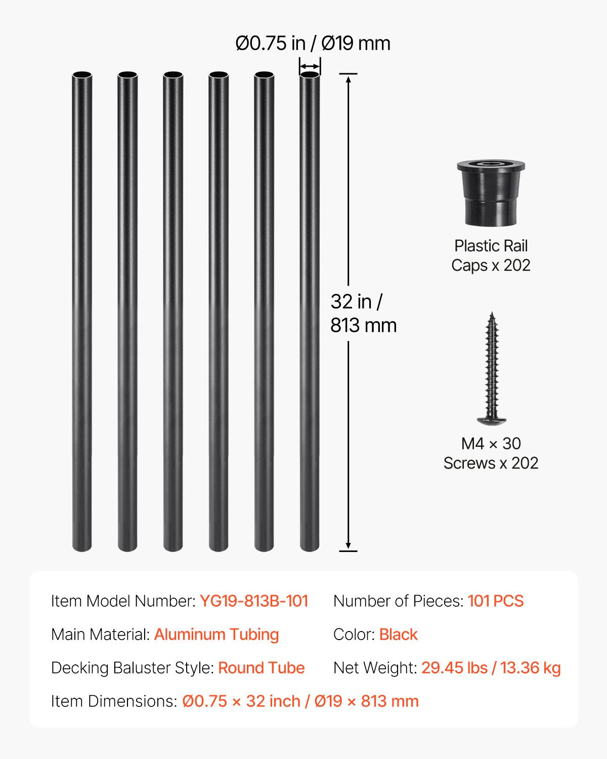 Staircase Balusters 101 Pack, 32 In Aluminum Stair Balusters, 3/4 In Water-Proof Round Metal Spindle Railing, V952-YXKLGZL101G3XT56SV0