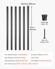 Staircase Balusters 51 Pack, 813 mm Aluminum Stair Balusters, 19 mm Water-Proof Round Metal Spindle Railing, V952-YXKLGZL51G32YUGV2V0