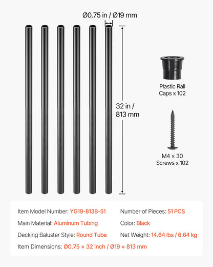 Staircase Balusters 51 Pack, 813 mm Aluminum Stair Balusters, 19 mm Water-Proof Round Metal Spindle Railing, V952-YXKLGZL51G32YUGV2V0
