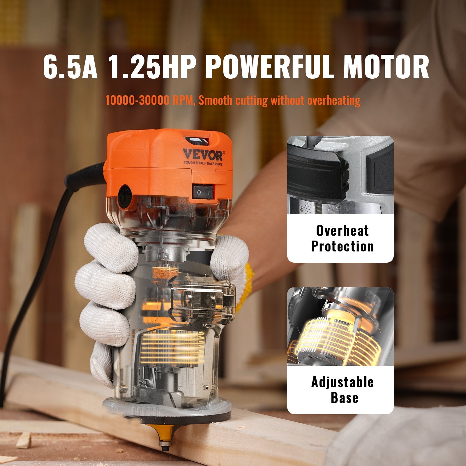 Wood Router, 1.25HP 800W, Compact Wood Trimmer Router Combo Tool with Plunge and Fixed Base, 30000RPM 6 V952-YXKXBJ710W65AH7WLV3