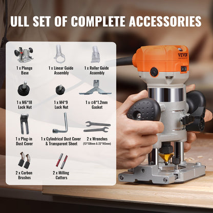 Wood Router, 1.25HP 800W, Compact Wood Trimmer Router Combo Tool with Plunge and Fixed Base, 30000RPM 6 V952-YXKXBJ710W65AH7WLV3