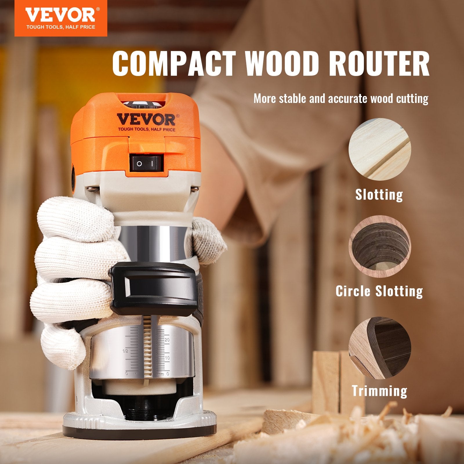 Wood Router, 1.25HP 800W, Compact Wood Trimmer Router Tool, 30000RPM Max Speed 6 Variable Speeds, with 1/4'' V952-YXKXBJ710W65AZLFEV3