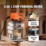 Wood Router, 1.25HP 800W, Compact Wood Trimmer Router Tool, 30000RPM Max Speed 6 Variable Speeds, with 1/4'' V952-YXKXBJ710W65AZLFEV3