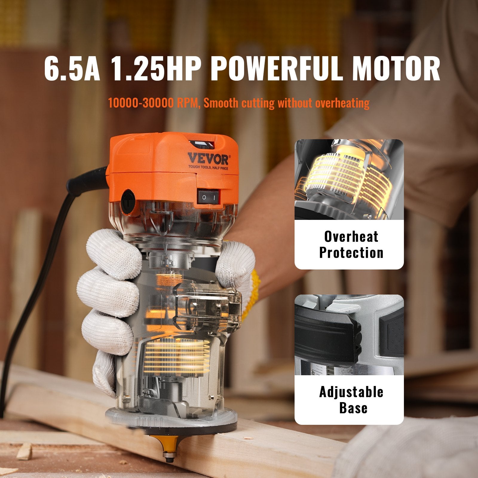 Wood Router, 1.25HP 800W, Compact Wood Trimmer Router Tool, 30000RPM Max Speed 6 Variable Speeds, with 1/4'' V952-YXKXBJ710W65AZLFEV3