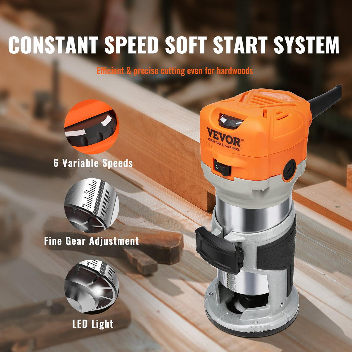 Wood Router, 1.25HP 800W, Compact Wood Trimmer Router Tool, 30000RPM Max Speed 6 Variable Speeds, with 1/4'' V952-YXKXBJ710W65AZLFEV3