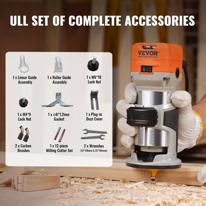 Wood Router, 1.25HP 800W, Compact Wood Trimmer Router Tool, 30000RPM Max Speed 6 Variable Speeds, with 1/4'' V952-YXKXBJ710W65AZLFEV3