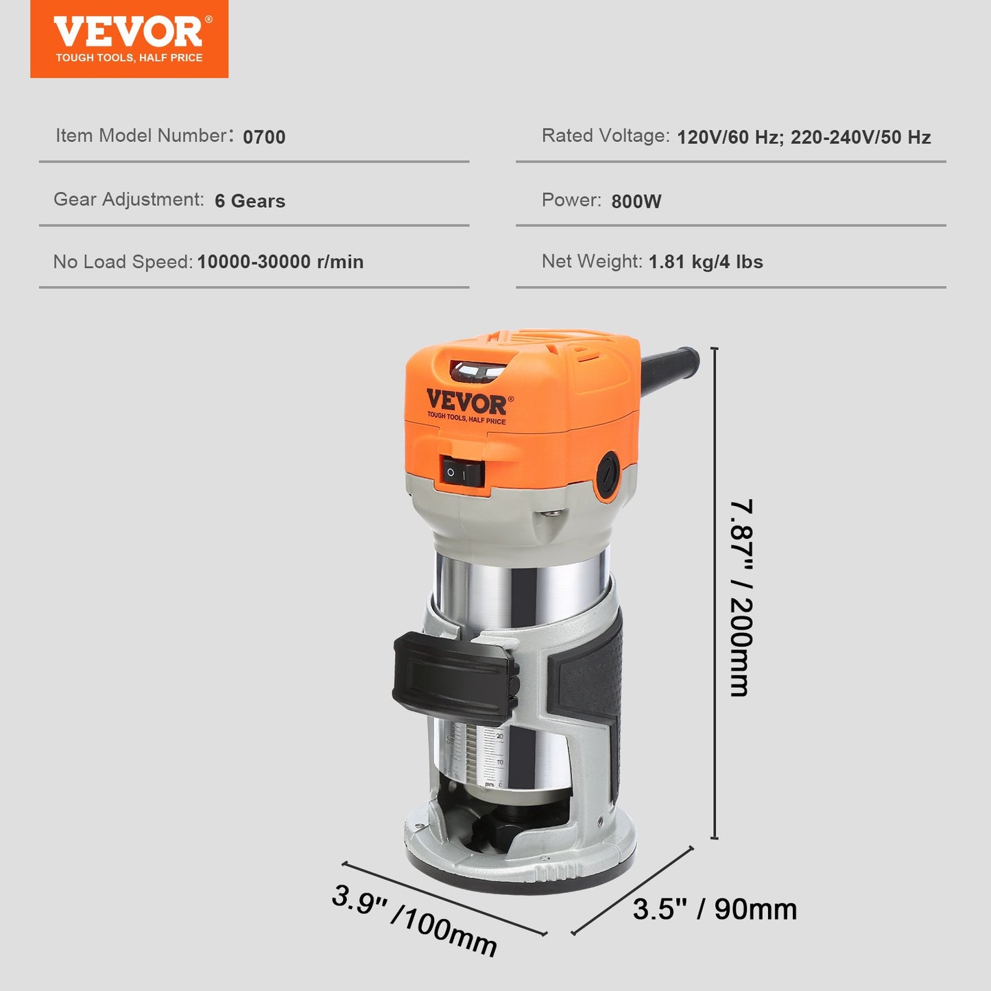 Wood Router, 1.25HP 800W, Compact Wood Trimmer Router Tool, 30000RPM Max Speed 6 Variable Speeds, with 1/4'' V952-YXKXBJ710W65AZLFEV3