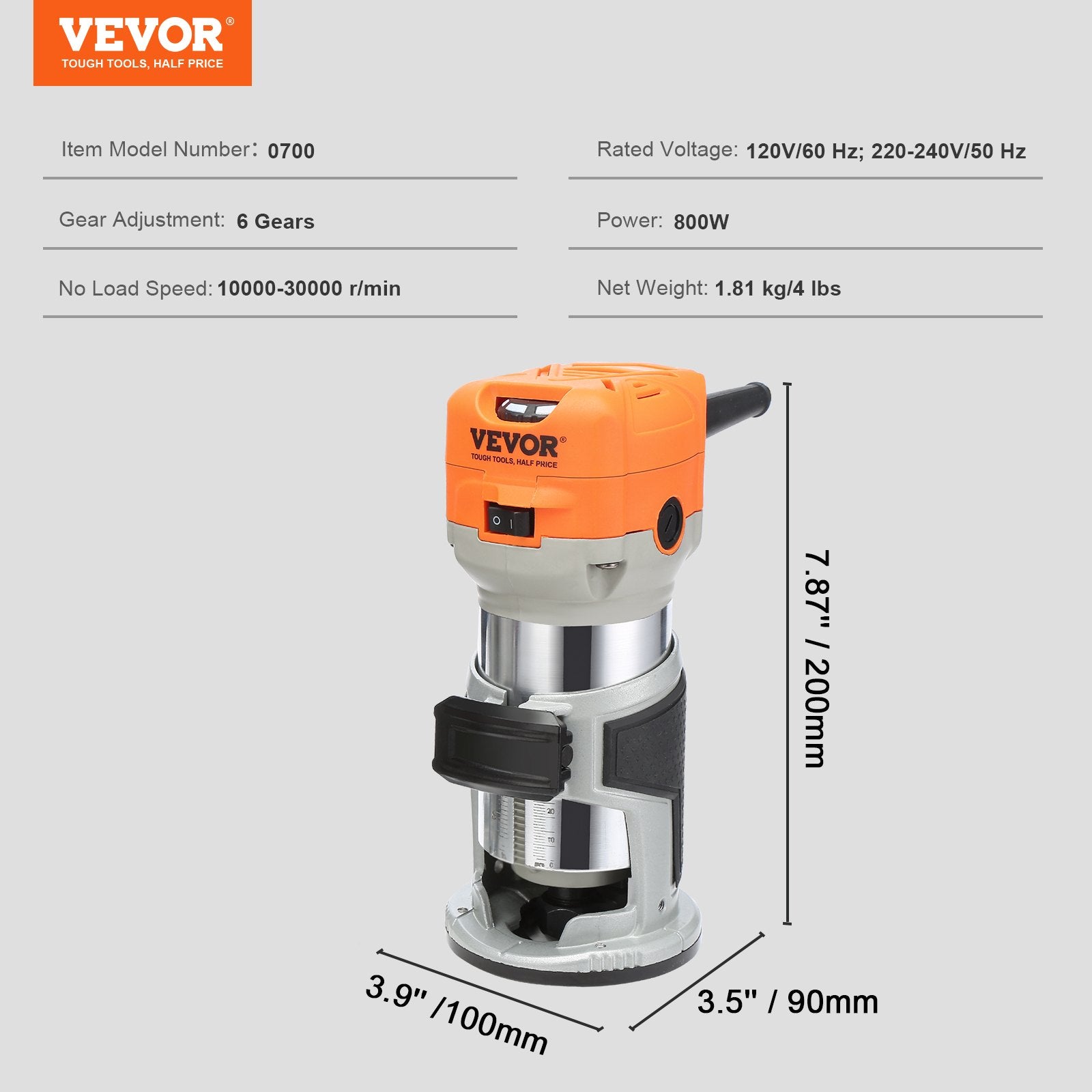 Wood Router, 1.25HP 800W, Compact Wood Trimmer Router Tool, 30000RPM Max Speed 6 Variable Speeds, with 1/4'' V952-YXKXBJ710W65AZLFEV3