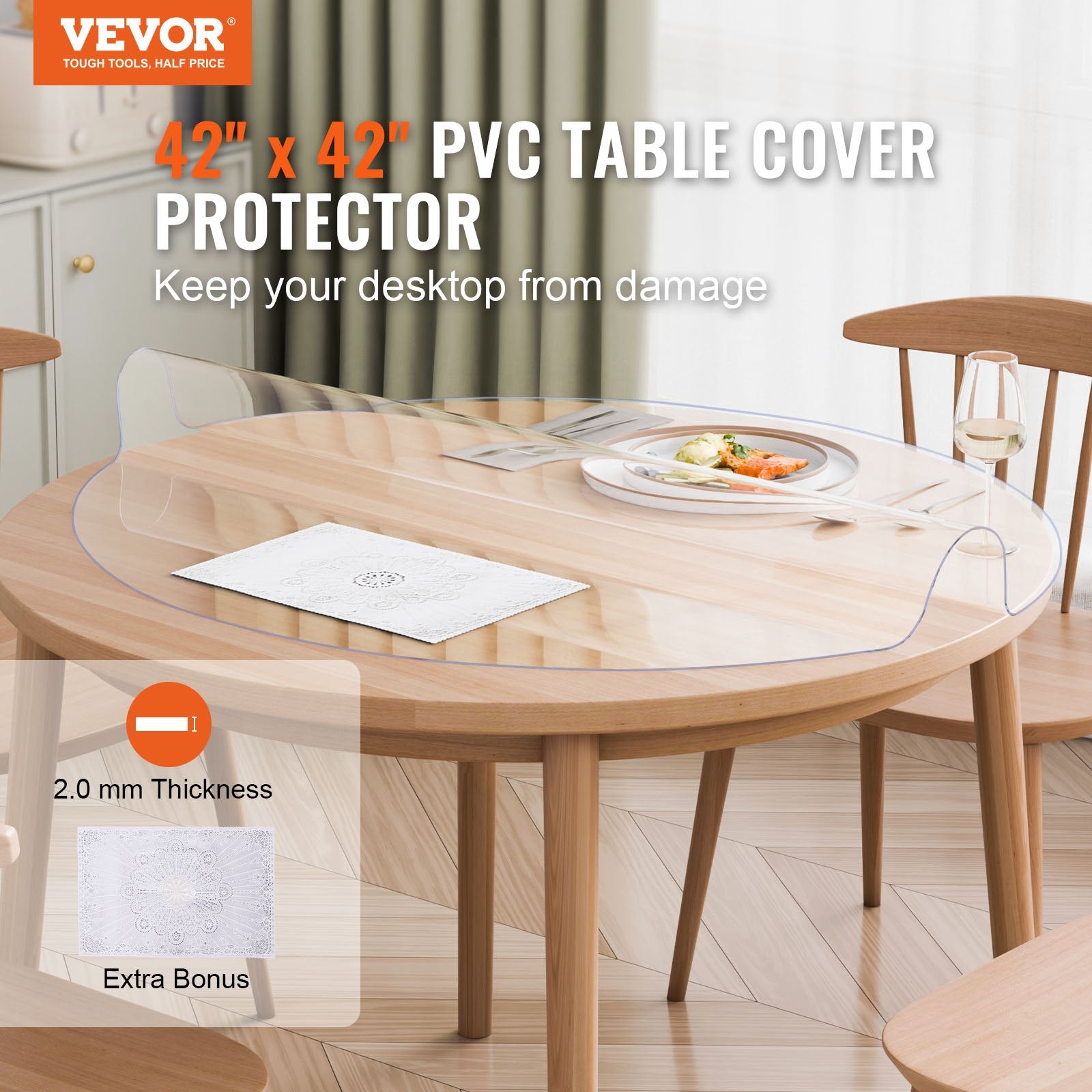 Plastic Table Cover, 42 x 42 Inch 2.0 mm Thick Clear Table Protector, Round PVC Desk Mat, Waterproof & Easy V952-YXPVCZB42X4292RMRV0