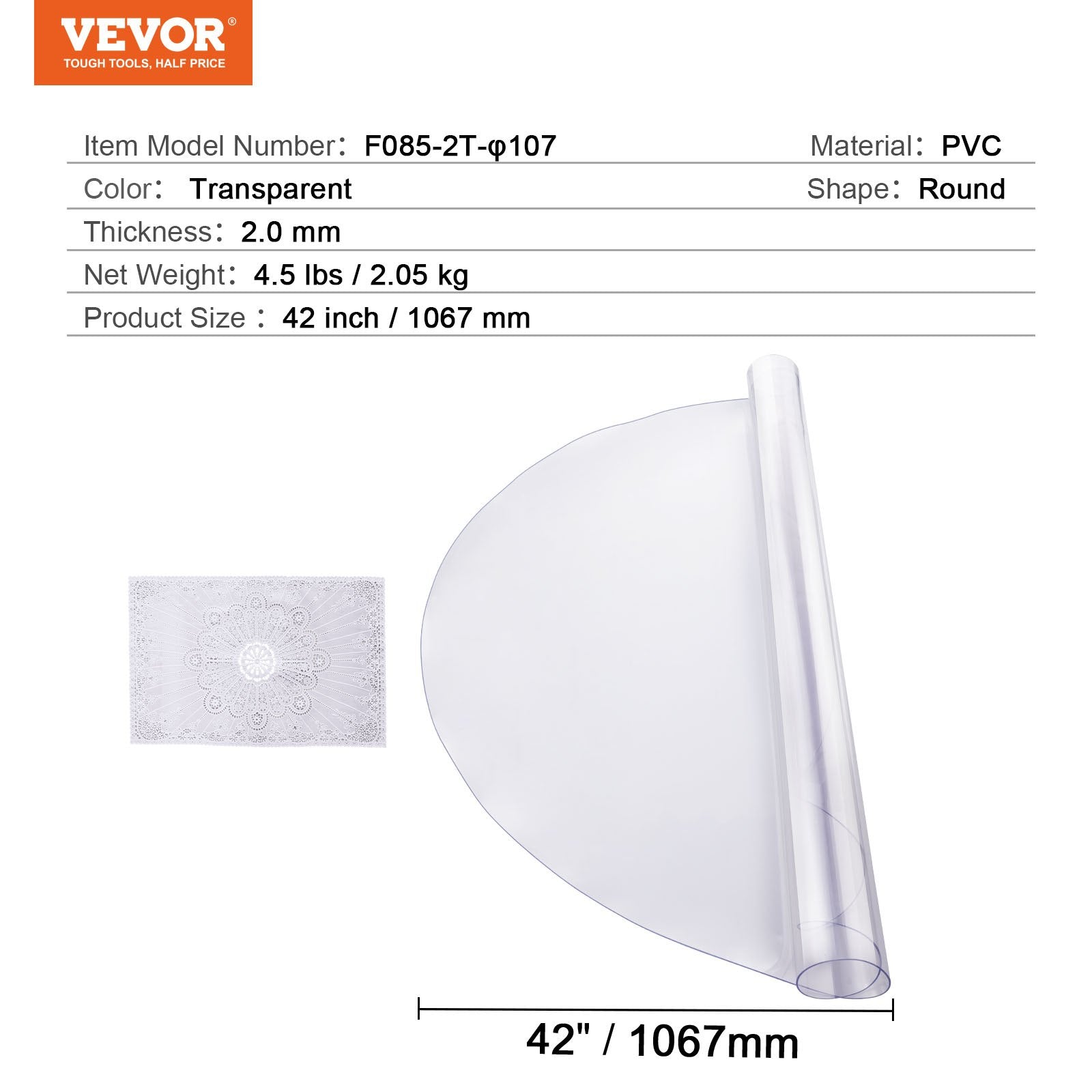 Plastic Table Cover, 42 x 42 Inch 2.0 mm Thick Clear Table Protector, Round PVC Desk Mat, Waterproof & Easy V952-YXPVCZB42X4292RMRV0